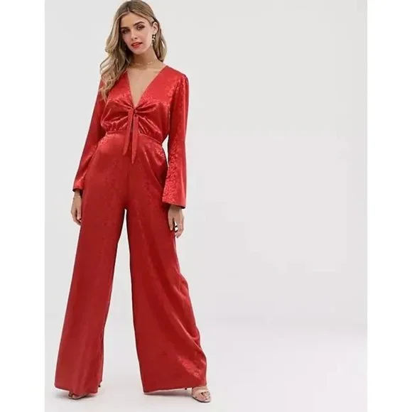 Twisted Wunder London Women's Sz. 8 Tie Front Jumpsuit In Satin Jacquard Red NWT - Picture 1 of 8